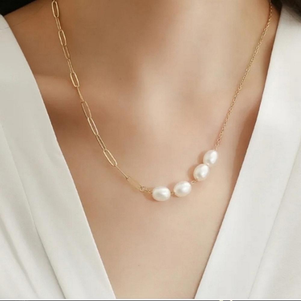 Free People Half Paperclip Chain Pearl Necklace